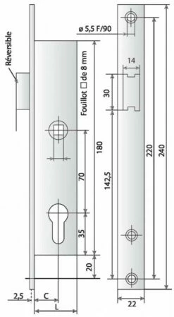 Serrure Pour Menuiserie Métallique : 1 Point - Bec De Cane Avec Rappel Du 1/2 Tour Par La Clé